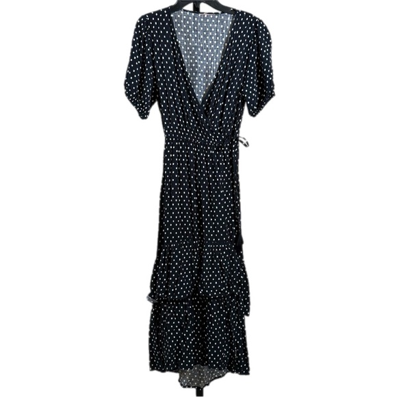 Black White Polka Dot Maxi Dress Deep V Neck Ruffle Tier Boho Romantic Medium - Picture 1 of 7